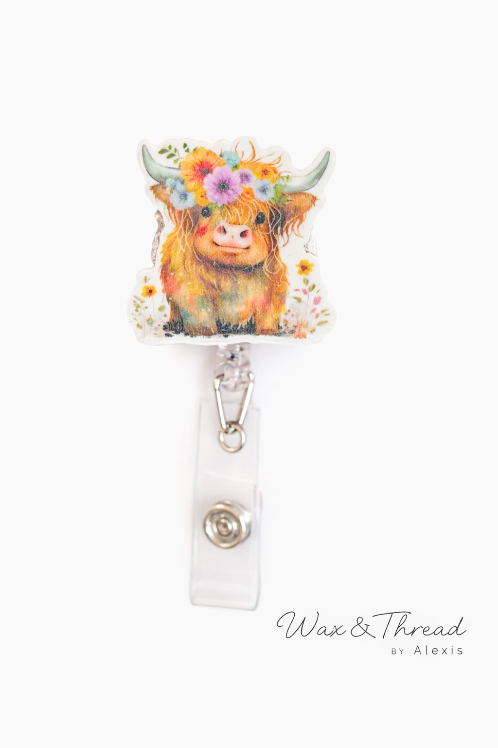 Floral highland cow badge reel